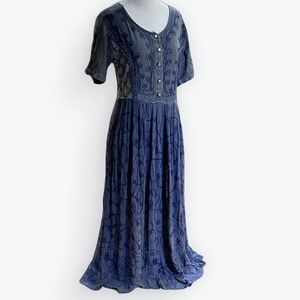 MPH Indigo Boho Embroidered Lace-Up Back Short Sleeve Maxi Dress ~ Unsized (see)